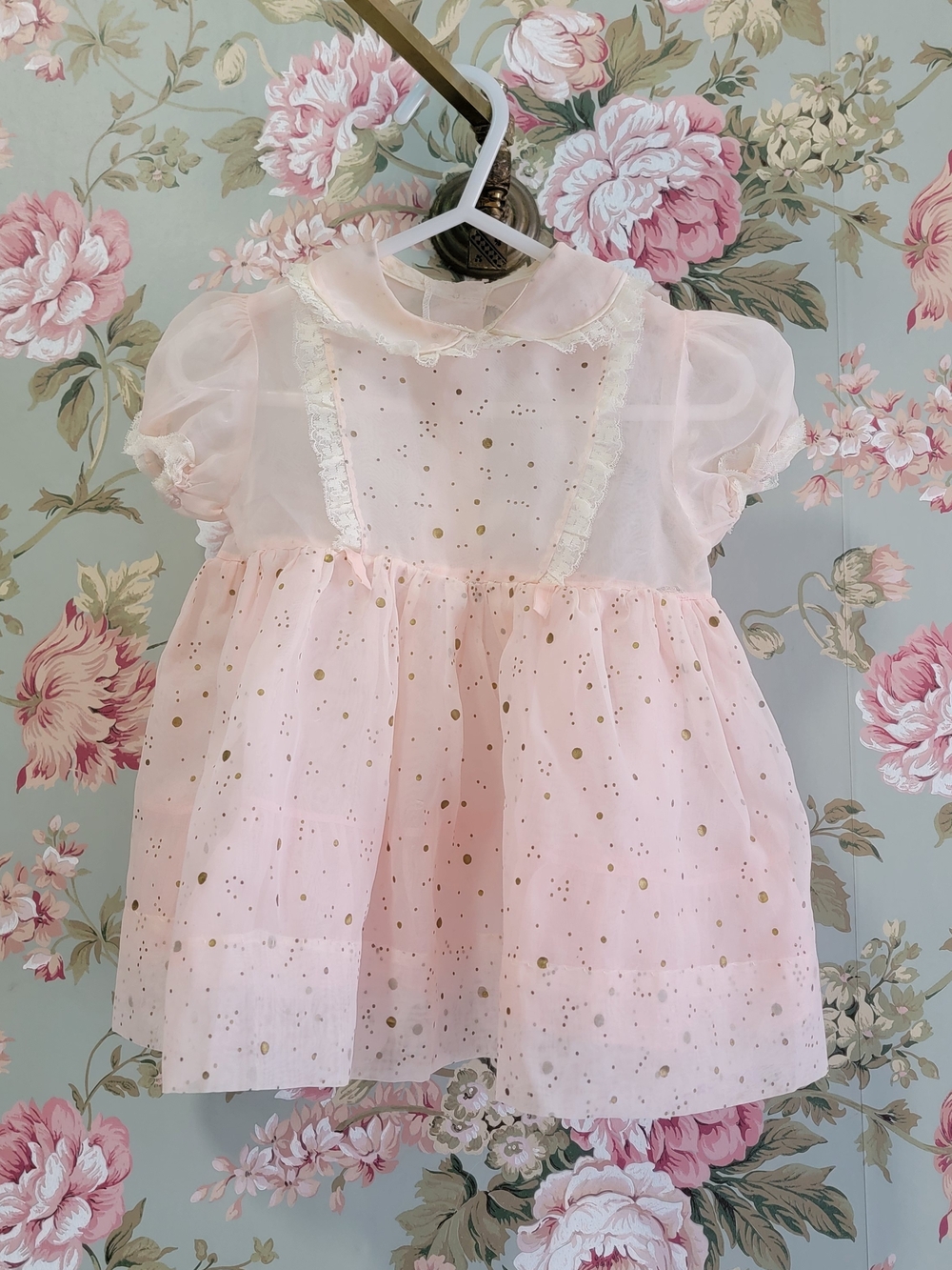 ♡Vintage 1950's Sheer Pink Gold Dots Party 1st Birthday Dress ♡